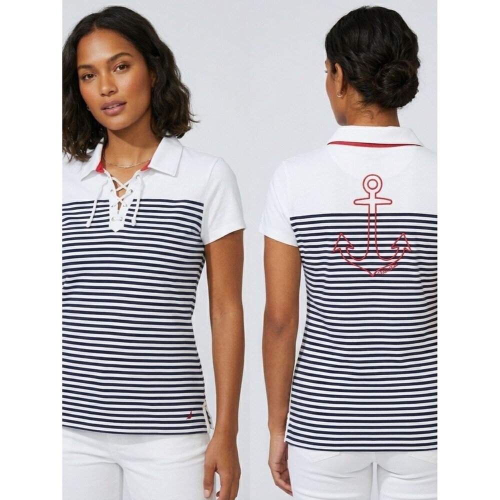 Nautica Striped Lace-Up Polo Shirt Anchor Back White Navy Large